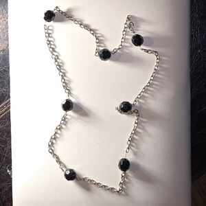 Czech Glass Faceted Black Bead Necklace with Silver Chain 36"